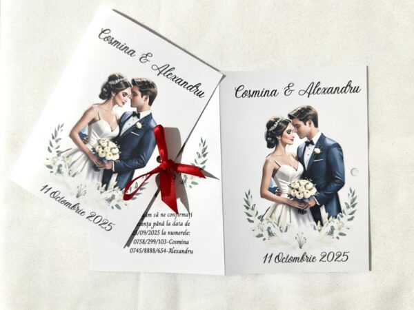 Invitație stil cărticică 10×15 cm cu fundă elegantă