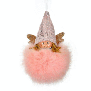 Ornament Brad de Craciun din Blana Roz cu Fetita Ingeras Ø16cm