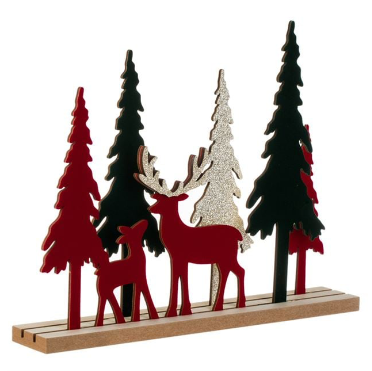 Decoratiune din Lemn de Craciun Reni Brazi Catifelata 30x24cm