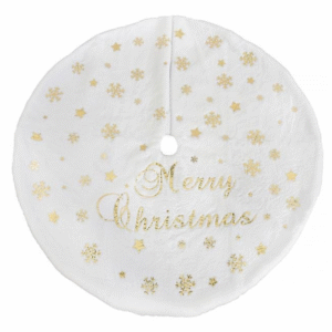 Covoras Fusta Brad de Craciun Alba din Blana Artificiala cu Mesaje din Folie 90cm