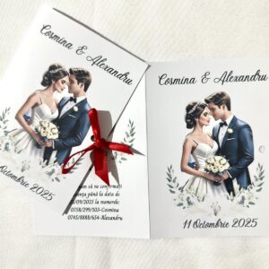 Invitație stil cărticică 10×15 cm cu fundă elegantă