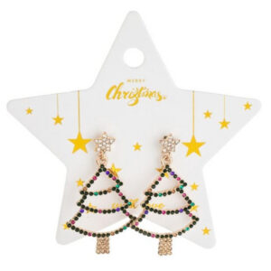 Cercei în formă de brad de Crăciun, cu pietre colorate pe un suport în formă de stea.