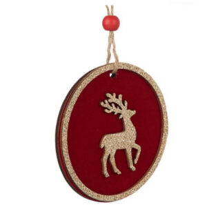 NBPRINT Ornament Brad de Craciun Rotund din Lemn Negru Catifelat Cerb cu Glitter Auriu 8cm - 6 buc/set