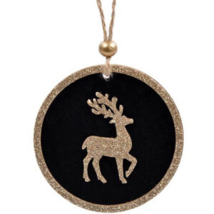 NBPRINT Ornament Brad de Craciun Rotund din Lemn Negru Catifelat Cerb cu Glitter Auriu 8cm - 6 buc/set