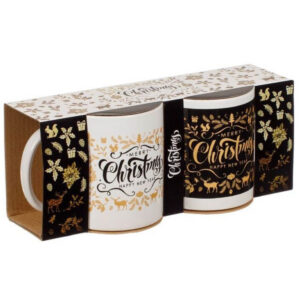 Set de două căni de Crăciun, una albă și una neagră, ambalate într-o cutie decorativă.